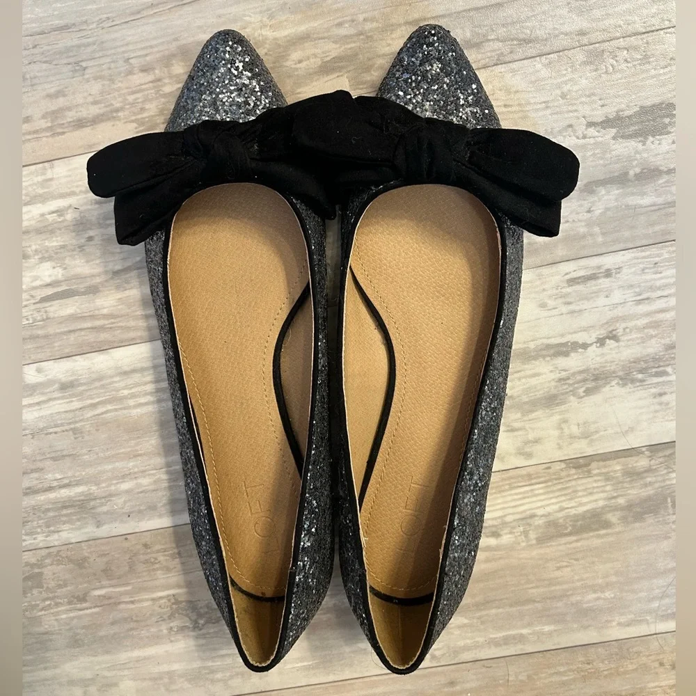 LOFT Silver Glitter Sparkle Flats with Black Velvet Bows - Picture 7 of 9